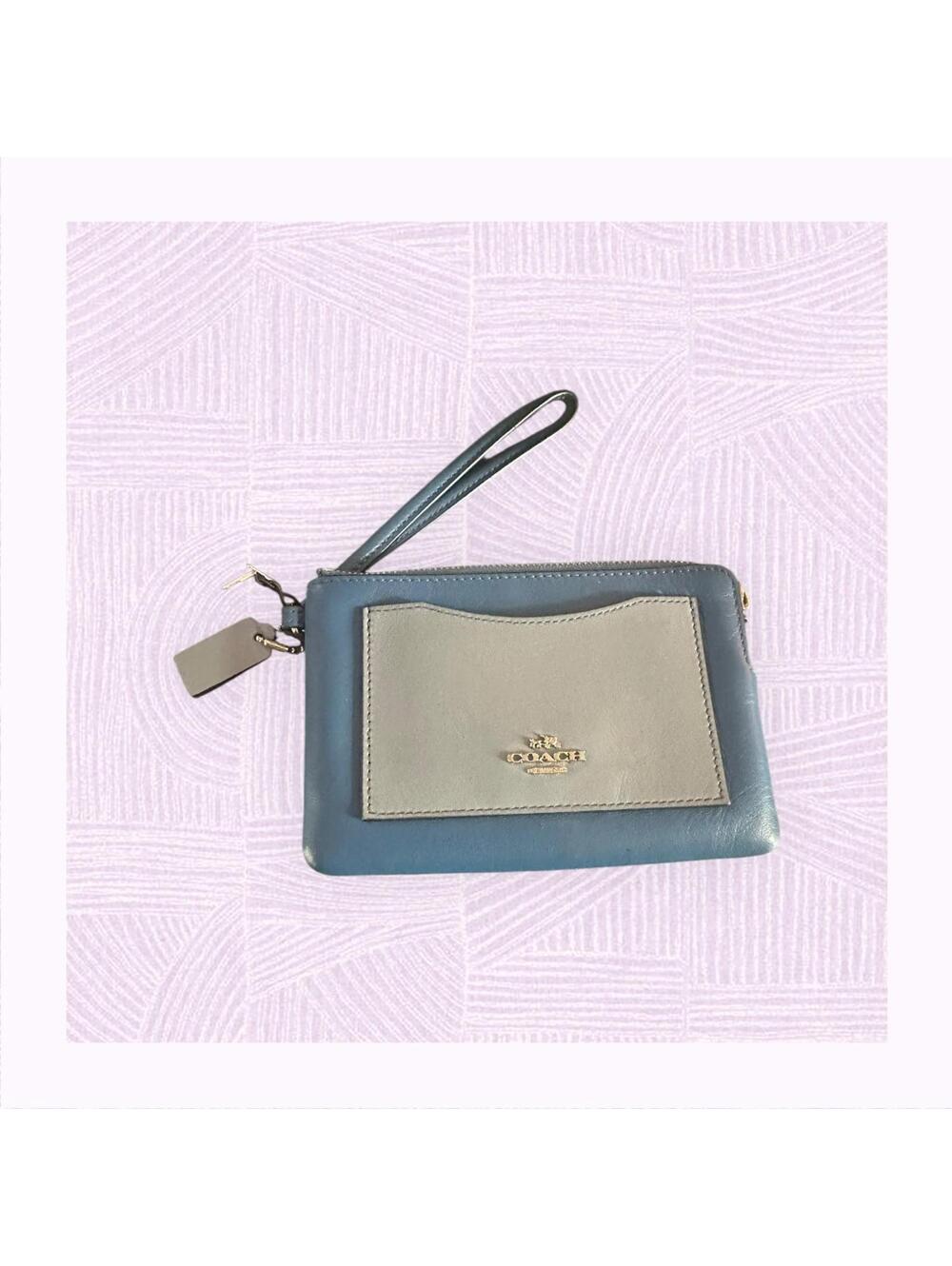 Coach Leather Wristlet Clutch in Blue and Beige 2016